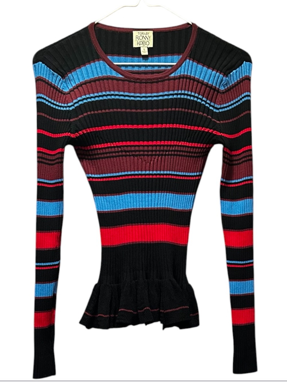 Torn by Ronny Kobo Black, Red & Blue Striped Ribbed Peplum Sweater